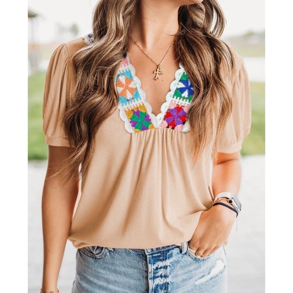 Lovely Melody Tops - Lovely Melody Pale Chestnut Crochet Floral V Neck Textured Short Sleeve Blouse
